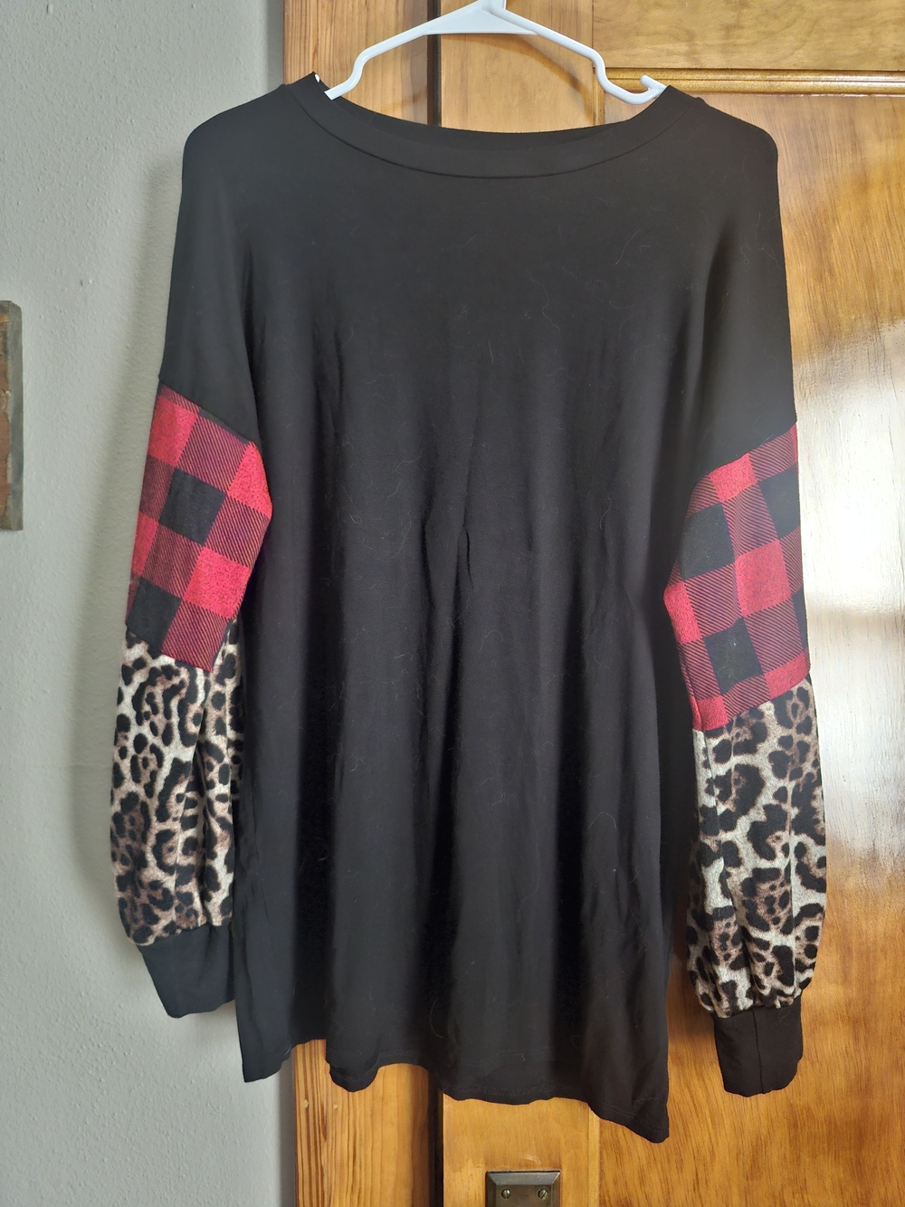 Magic Fit Black Long Sleeve with Red Buffalo Plaid and Leopard Sleeves